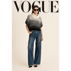 NEW! Alice+Olivia S Cowl Neck Chunky Knit Sweater Ombre Stripe Cream Gray Black